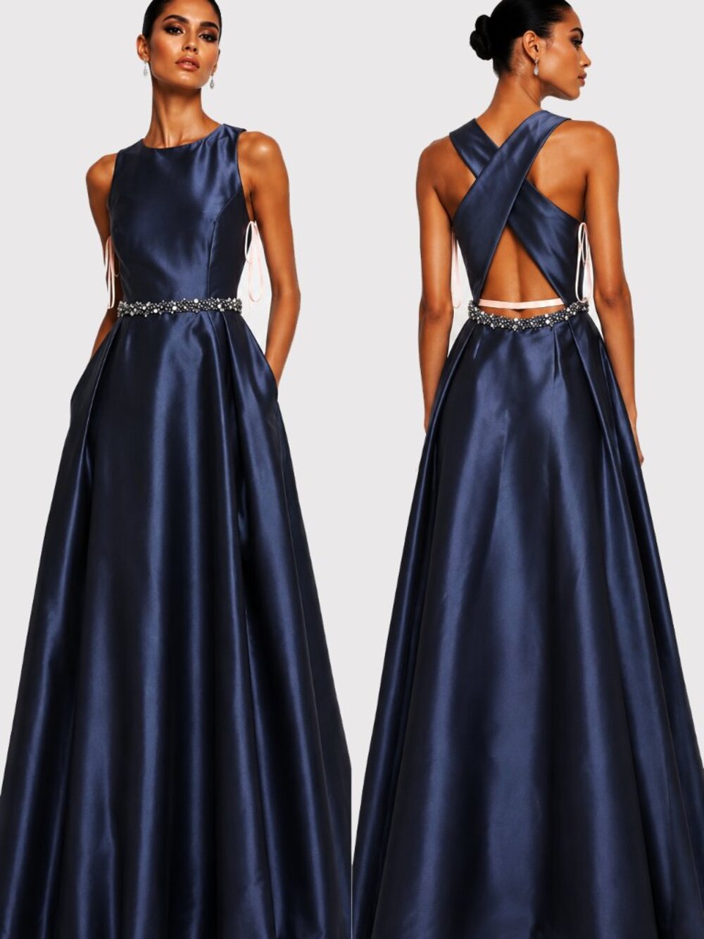 'Monique Lhuillier' (ML) Navy Satin Formal Gown Open Back Beaded Waist